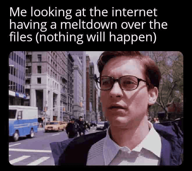 A 4-panel GIF meme featuring a person walking in an urban environment (with tall buildings and yellow taxis indicating New York City) while eating a pastry. Each panel displays the same overlaid text: 'Me looking at the internet having a meltdown over the files (nothing will happen)'. The person maintains a nonchalant demeanor, continuing to eat and walk, visually emphasizing indifference towards intense online reactions to unspecified 'files'.