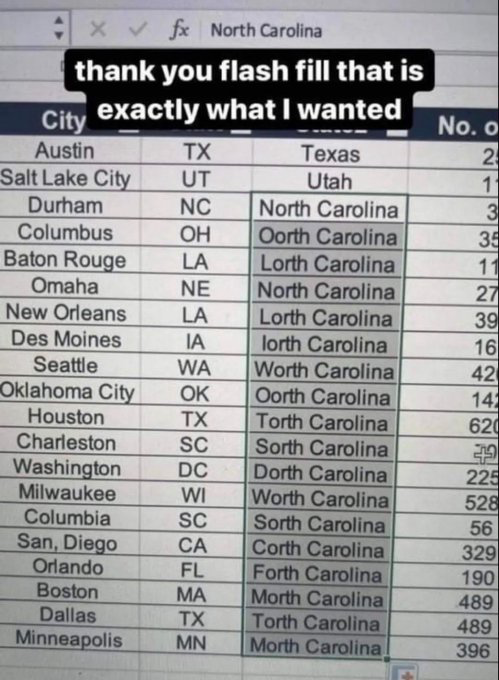 The image displays a screenshot of a Microsoft Excel spreadsheet listing US cities, their state abbreviations, and a column for full state names. A user attempted to use Excel's Flash Fill feature to automatically fill the full state name "North Carolina" for all rows where the state abbreviation is NC. Instead of working correctly, Flash Fill generated a long list of absurd misspellings of North Carolina with different first letters, including Oorth Carolina, Lorth Carolina, Iorth Carolina, Worth Carolina, Torth Carolina, Sorth Carolina, Dorth Carolina, Corth Carolina, Forth Carolina, Morth Carolina, and more repeated variations. A sarcastic black text overlay at the top of the image reads "thank you flash fill that is exactly what I wanted", mocking the useless output of the automatic productivity feature.