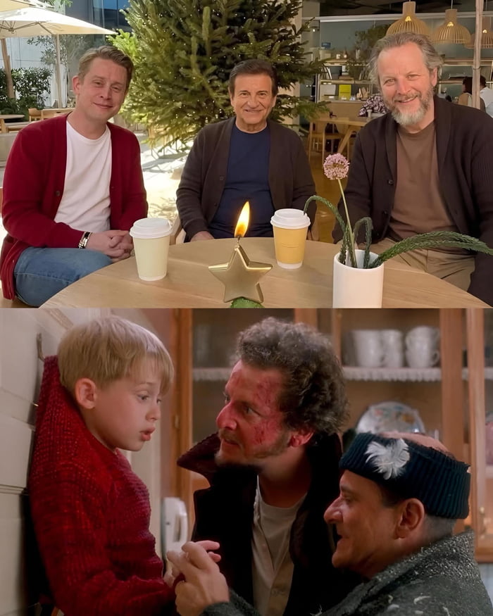 A two-panel collage blending nostalgic and real-life elements. The top panel shows three adult men sitting outdoors at a wooden table with a Christmas tree in the background; the table holds two coffee cups, a lit star-shaped candle, and a small potted plant. The men wear casual sweaters and jackets, appearing relaxed. The bottom panel is a scene from the 1990 film 'Home Alone,' depicting a young boy in a red sweater leaning against a wall, interacting with two men—one with a visibly bruised face and another wearing a headband with a white feather, both displaying intense expressions.