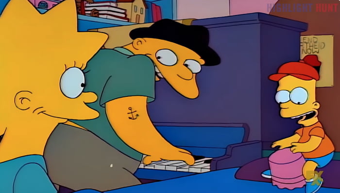 This is a screenshot from the 1991 *Simpsons* Season 3 premiere episode 'Stark Raving Dad', which featured an uncredited guest voice performance from Michael Jackson as Leon Kompowsky, a character who believes he is Michael Jackson. The scene shows Lisa Simpson watching Leon (wearing a black hat, playing piano, with an anchor tattoo on his arm) and Bart Simpson playing a pink bucket as a makeshift drum, as they perform the original song 'Happy Birthday Lisa' together. The meme is circulated to reference that Disney permanently banned this episode from all streaming, syndication, and home media releases in 2019 following the release of the *Leaving Neverland* documentary, and it was widely shared after the 2025 release of the official Michael Jackson biopic film.