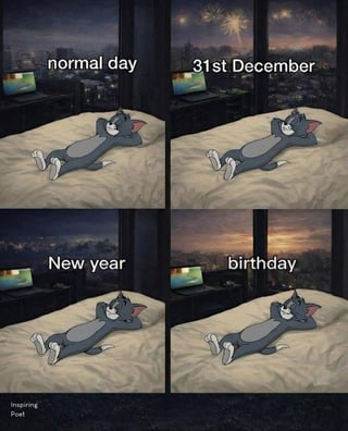 A four-panel meme featuring Tom from 'Tom and Jerry' in the same relaxed pose across all panels: lying on a bed with arms behind his head, displaying an indifferent expression. Each panel has a different background scene paired with text labels: 'normal day' (dark room with a laptop), '31st December' (fireworks visible through the window), 'New year' (night sky), and 'birthday' (sunset). The humor stems from Tom's unchanged demeanor despite the varying occasions, highlighting the relatable experience of feeling indifferent to special days.