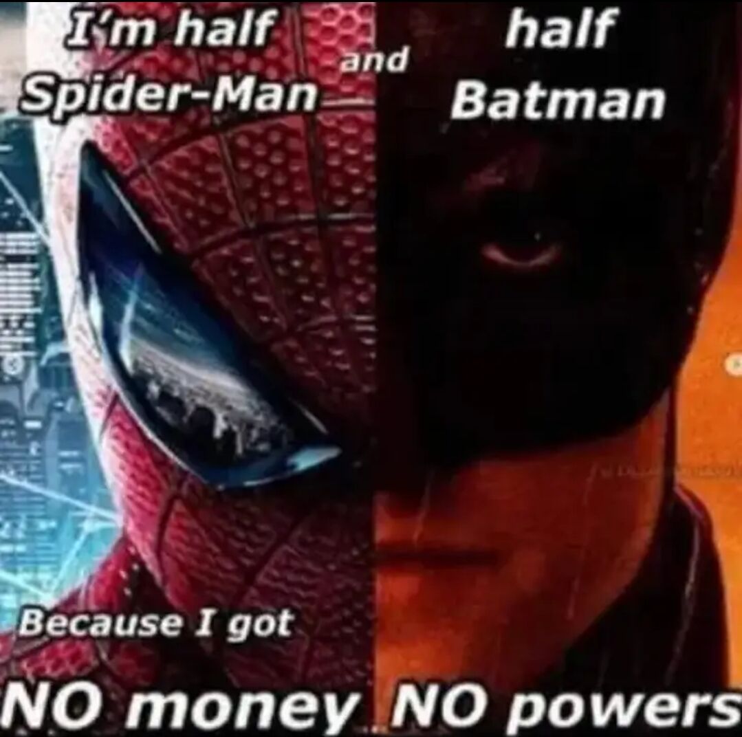 The image is a split-screen collage featuring the left half of Spider-Man's masked face (red and blue with web pattern) and the right half of Batman's masked face (black with pointed ears). Overlaid text at the top reads 'I'm half Spider-Man and half Batman', and text at the bottom continues 'Because I got NO money NO powers'. The joke plays on the contrast between Spider-Man (traditionally a working-class hero with limited resources) and Batman (a wealthy hero with advanced technology), subverting expectations by claiming the hybrid has neither money nor powers.