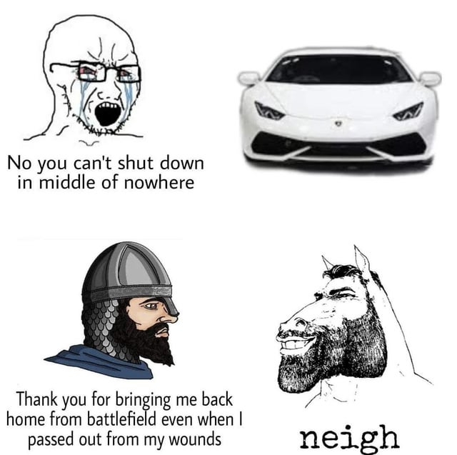 This two-panel meme contrasts the perceived unreliability of modern luxury vehicles with the dependable nature of medieval horses. 

**Top Panel**: A distressed, crying Wojak (soyjak variant) character reacts in panic to a white Lamborghini sports car, with the caption: *"No you can't shut down in middle of nowhere"*. This panel humorously depicts the frustration of high-tech modern cars breaking down in isolated, remote areas, where help is hard to find.

**Bottom Panel**: A grateful medieval knight (Chad-style character) thanks a hybrid human-horse creature (a bearded horse with a human face, a twist on the "Horse Chad" meme) with the caption: *"Thank you for bringing me back home from battlefield even when I passed out from my wounds"*. The horse responds with *"neigh"*, the natural sound of a horse, emphasizing its unwavering reliability in life-threatening, extreme situations.

The core joke is a satirical comparison between fragile, high-maintenance modern technology and the rugged, trustworthy utility of animals from the past. The bottom panel also includes a visual pun: the horse has a human-like beard, mirroring the knight's rugged appearance, to reinforce the bond between the two characters.