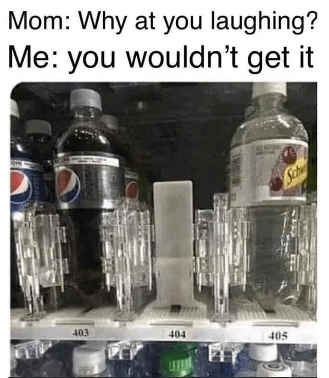 A meme featuring a two-part structure: top text with a dialogue between 'Mom' and 'Me', and a lower photograph of a refrigerator shelf. The dialogue reads: 'Mom: Why at you laughing? Me: you wouldn’t get it'. Below, the fridge shelf has three labeled sections: '403', '404', and '405', referencing HTTP status codes. The middle section labeled '404' (a well-known 'Not Found' error code) is empty, creating a visual pun—'Me' is laughing at the 404 'Not Found' joke, which Mom wouldn't understand due to the tech reference.