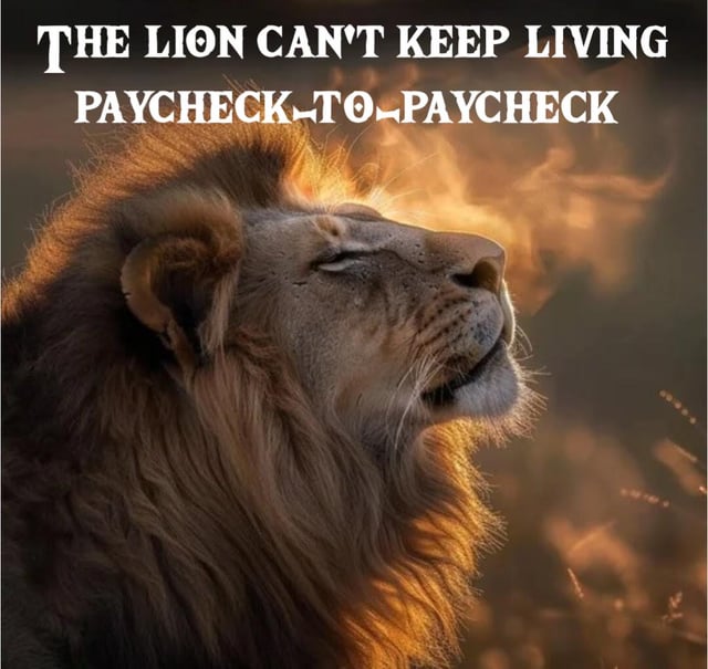 The image features a close-up photograph of a lion with a serene, contemplative expression. The lion's head is tilted slightly upwards, with its eyes partially closed, and it is bathed in warm, golden lighting that creates a majestic atmosphere. Bold, uppercase white text is prominently displayed at the top of the image, reading 'THE LION CAN'T KEEP LIVING PAYCHECK~TO~PAYCHECK'. The humor in the meme arises from the juxtaposition of the lion—traditionally a symbol of strength, power, and dominance—with the relatable human financial struggle of living 'paycheck to paycheck,' subverting expectations for comedic effect.