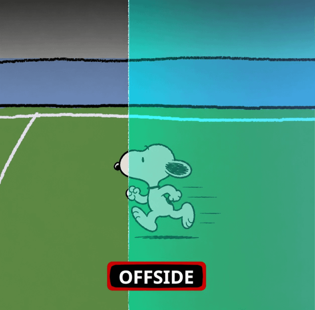 This humorous meme depicts the Peanuts cartoon character Snoopy running across a soccer field, with exactly half of his body positioned over the official offside line. A prominent red and black label at the bottom reads 'OFFSIDE', mocking the common, often frustratingly nitpicky offside calls in professional soccer (frequently made via VAR, Video Assistant Referee) where even a minor portion of a player's body being past the line results in an offside ruling, much to the annoyance of fans and players alike.