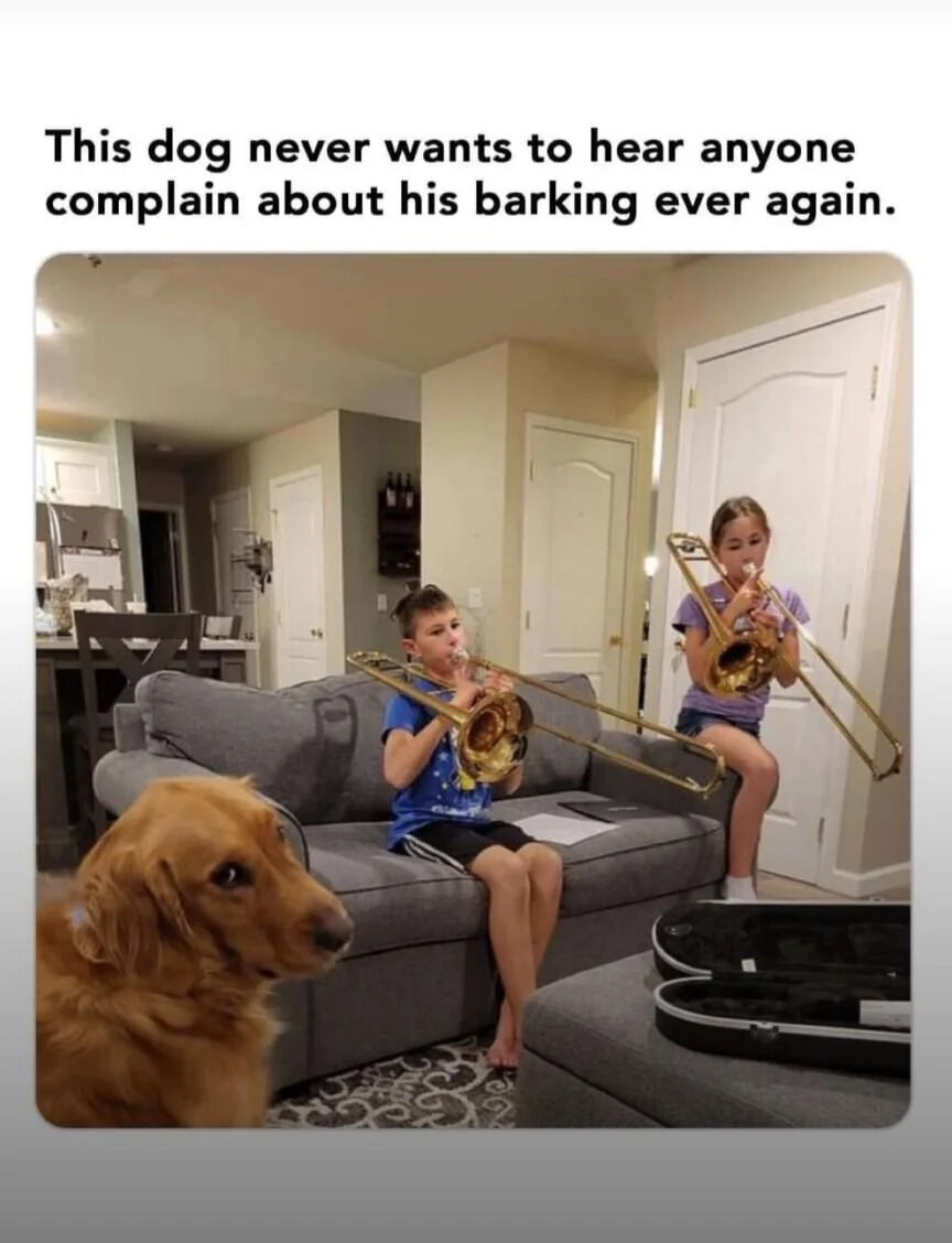 A humorous and wholesome image featuring a golden retriever dog in a cozy living room. In the background, two children—a boy sitting on a gray couch and a girl standing nearby—are each playing a trombone. The text overlay reads, 'This dog never wants to hear anyone complain about his barking ever again,' creating a playful scenario where the children's loud trombone practice outweighs the dog's barking, thus preventing future complaints. The dog appears calm, looking towards the camera, while the kids focus on playing their instruments. The setting includes a gray couch, a kitchen area visible in the background, and instrument cases on the floor, enhancing the homey, family-friendly atmosphere.