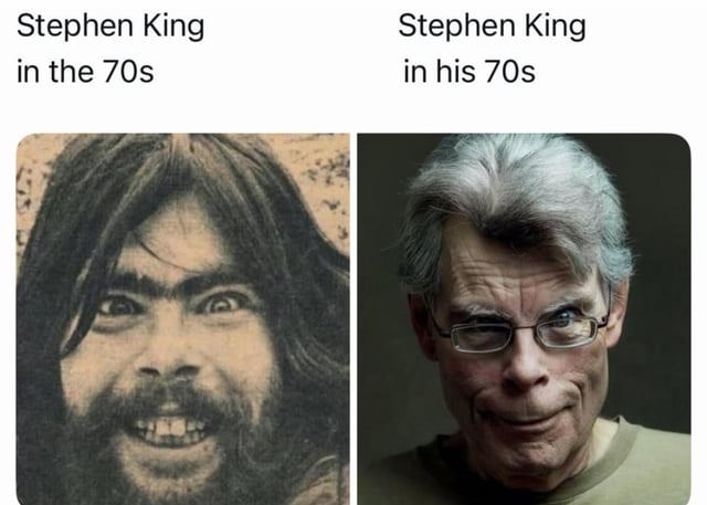 The meme presents a side-by-side comparison of famous horror author Stephen King, playing on the double meaning of "the 70s". The left panel is labeled "Stephen King in the 70s", showing a photograph of a young, long-haired, bearded King from the 1970s decade with a wide, wild-eyed, unsettling grin. The right panel is labeled "Stephen King in his 70s", showing a contemporary photograph of King when he is over 70 years old, with gray hair and glasses, sporting a knowing, similarly uncanny smirk. The title jokes that his consistently eerie vibe makes it unsurprising he wrote the horror novel *It*, which has a famously strange and divisive ending.