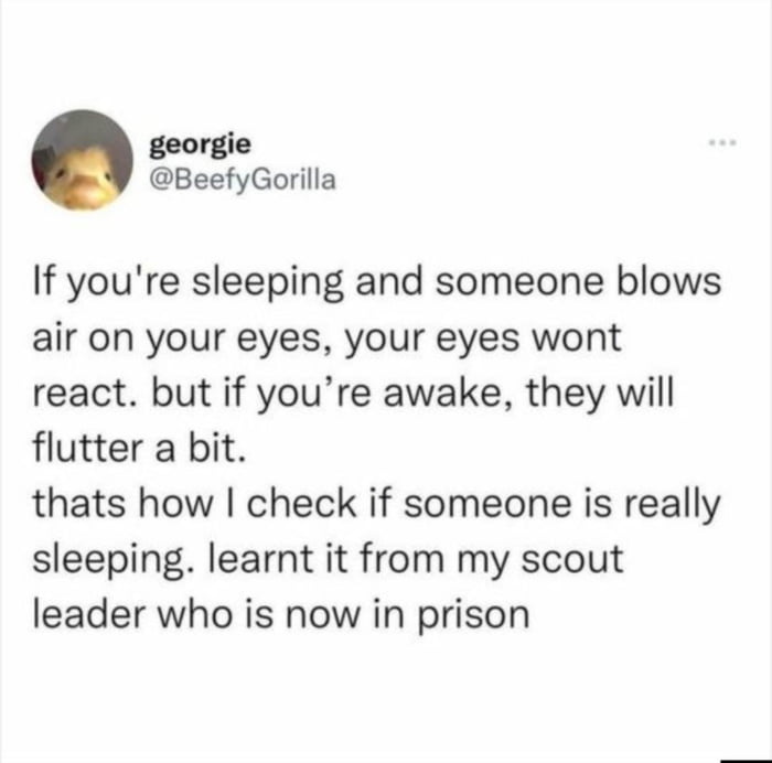 A screenshot of a Twitter/X post from user 'georgie @BeefyGorilla' (with a duck profile picture) sharing a purported trick to check if someone is sleeping: blowing air on their eyes (eyes don't react if asleep, flutter if awake). The humor stems from the unexpected twist that the trick was learned from a scout leader who is now in prison, implying a questionable or humorous backstory.