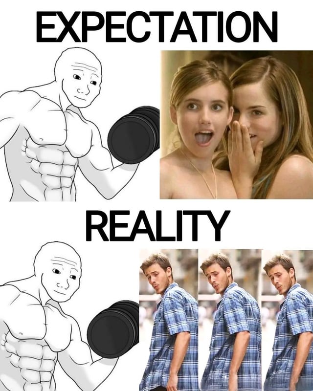 A four-panel 'Expectation vs Reality' meme. The top half is labeled 'EXPECTATION': left panel shows a muscular cartoon man lifting a dumbbell, right panel shows two women with excited expressions, seemingly reacting positively. The bottom half is labeled 'REALITY': left panel repeats the same cartoon man, while the right panel shows a man in a blue plaid shirt repeated three times, looking unimpressed. The meme humorously contrasts the expected positive reaction to working out with the underwhelming reality.