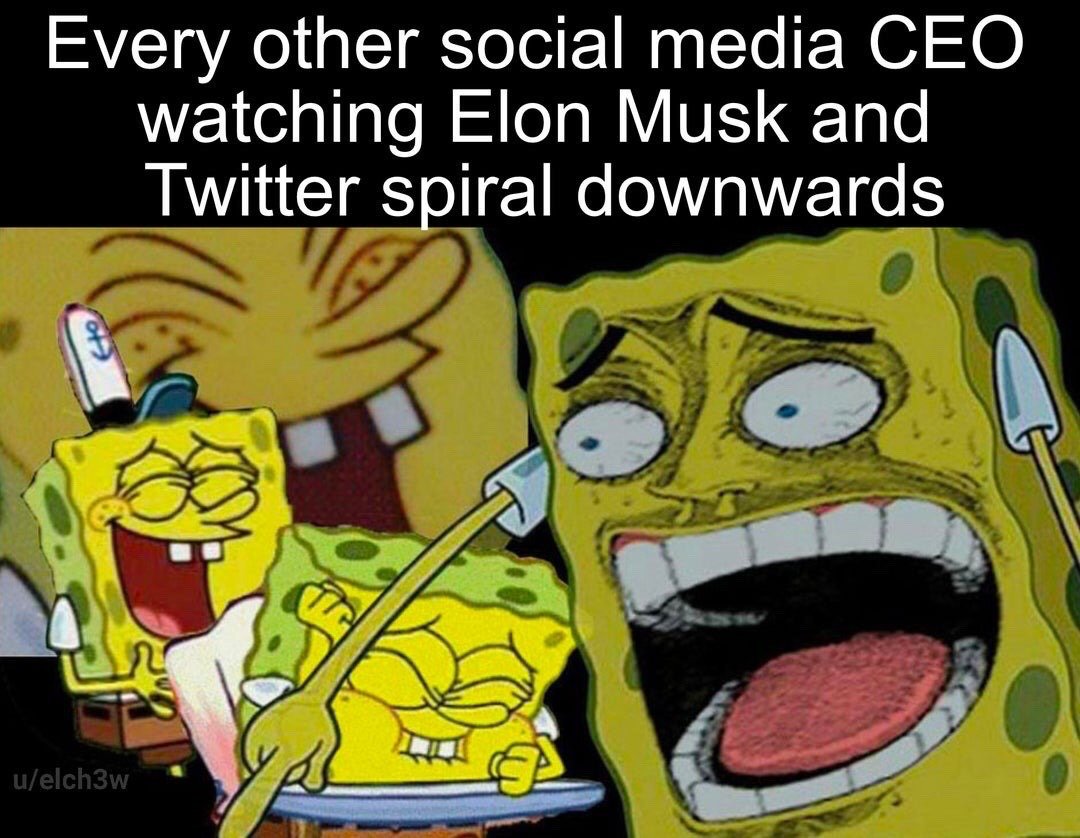 The meme uses four iterations of the animated character Spongebob Squarepants displaying progressively more intense, unhinged laughter, paired with text at the top of the image reading 'Every other social media CEO watching Elon Musk and Twitter spiral downwards'. The sequence of increasingly hysterical Spongebob visuals is used to represent the idea that leaders of competing social media platforms find the widely documented operational and popularity decline of Twitter/X after Elon Musk's 2022 acquisition extremely humorous, as Twitter/X's struggles benefit their own competing services.