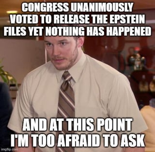 A meme featuring a man in a beige dress shirt and brown striped tie, displaying a confused and concerned expression as he looks to his left. The image has two text overlays: the top text reads 'CONGRESS UNANIMOUSLY VOTED TO RELEASE THE EPSTEIN FILES YET NOTHING HAS HAPPENED' and the bottom text states 'AND AT THIS POINT I'M TOO AFRAID TO ASK'. The meme humorously expresses confusion and frustration regarding the perceived lack of action on releasing the Epstein files despite congressional approval.