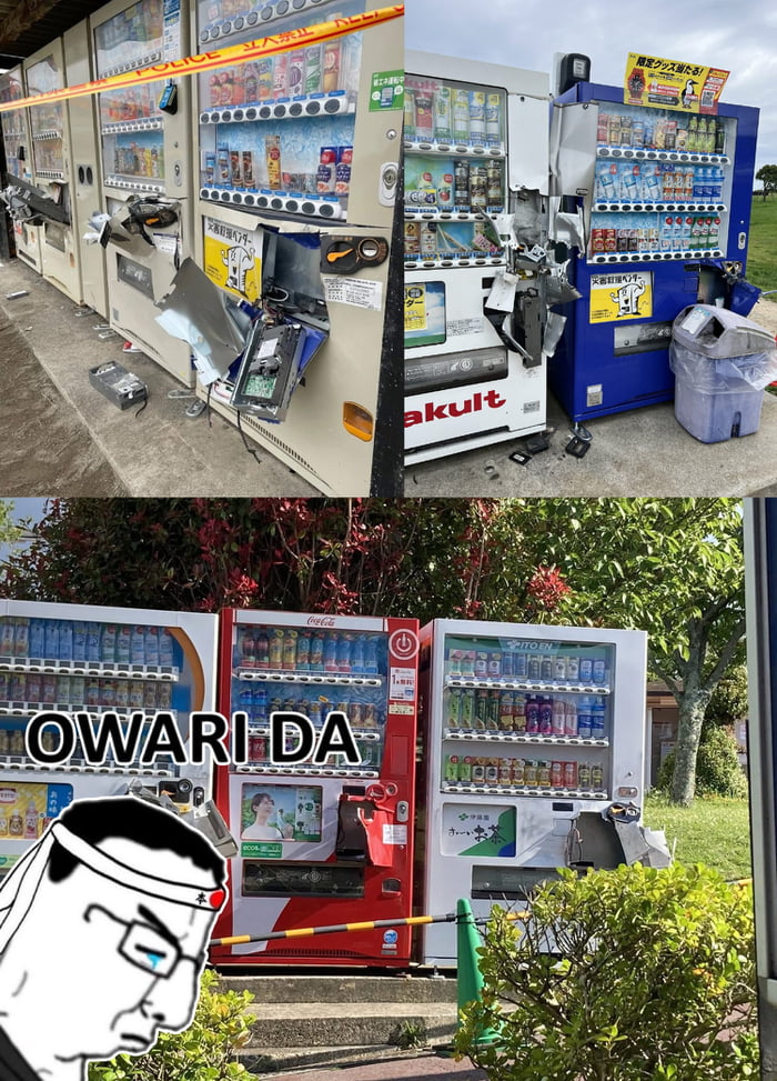 This meme is a two-part collage. The top section displays real photos of multiple severely damaged Japanese vending machines (brands including Yakult, Coca-Cola, and Ito En are visible) — their front panels are ripped open, internal components exposed, and police tape cordons off the area, suggesting a real incident of destruction. The bottom section overlays a Wojak-style (Japanese salaryman variant) character with a solemn, defeated expression onto a photo of intact vending machines, paired with the Japanese phrase **OWARI DA** (translates to "It's over" or "The end" in English). The joke leans into dramatic, sarcastic humor: framing the destruction of these iconic Japanese vending machines as a grand, tragic "fall" of a cultural symbol, playing off the original title "The East has fallen".