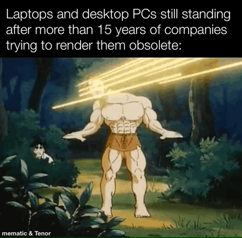 This meme uses a classic scene from the Baki Hanma anime to make a relatable joke about computing hardware durability. Text at the top sets up the premise: the extremely muscular, nearly invulnerable character (Pickle) standing unfazed while being hit by multiple powerful laser blasts to the head represents laptops and desktop PCs that have remained functional for over 15 years. The laser blasts stand in for repeated attempts by tech companies to render older hardware obsolete, including planned obsolescence practices, planned software slowdowns, and discontinued support for older devices, all of which have failed to break these still-functional older machines. A second character hides in the bushes looking shocked, mirroring the surprise of both tech companies and users at how long well-built older hardware can last.