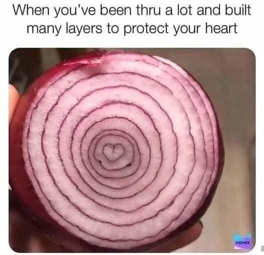 The meme features text at the top that reads 'When you've been thru a lot and built many layers to protect your heart', paired with a close-up photo of a cross-cut red onion. The concentric rings of the onion surround a small naturally occurring heart shape at its core, serving as a visual metaphor for people who build emotional barriers after going through hardships to protect their soft, vulnerable inner heart.