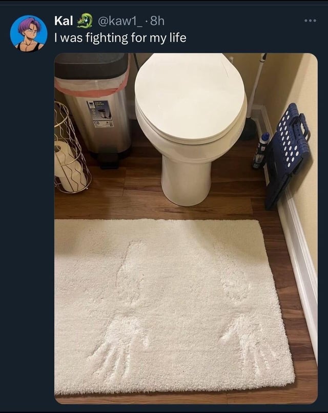This image is a screenshot of a Twitter/X post by user Kal. The post caption reads "I was fighting for my life" above a photo of a home bathroom. The foreground of the bathroom photo shows a fluffy white bath mat with clear, deeply pressed footprints that indicate someone was shifting their weight intensely while standing on it, implying they were struggling severely with digestive discomfort while using the adjacent toilet. Other bathroom elements visible include a white closed toilet, a stainless steel trash can, a wire toilet paper rack, a plunger, and a dark blue shower caddy leaning against the wall. The humor comes from the dramatically phrased caption paired with subtle visual evidence of a very relatable, awkward unpleasant bathroom experience, which aligns with the Reddit repost title "i know that hurt".