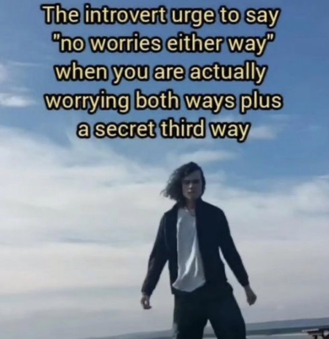 This is a single-panel relatable humor meme. The upper portion of the image shows text over a bright blue sky with light cloud cover. The lower portion features a viral stock image of a young man with long dark hair being blown by wind, looking disheveled, stressed, and overwhelmed as he stands with an unsteady posture. The overlaid text jokes about a common introvert experience: people who are introverted often tell others 'no worries either way' to appear easygoing and avoid conflict, even when they are actually anxious about both possible outcomes of a situation, plus an additional unspoken, secret third concern they do not share with others.