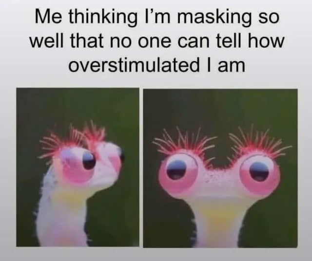 This is a two-panel relatable meme. The top text reads 'Me thinking I’m masking so well that no one can tell how overstimulated I am'. The left panel shows a stylized pastel-colored worm/caterpillar-like creature with large pink eyes looking off to the side, appearing somewhat composed. The right panel shows the same creature facing directly forward, with wide, bulging, visibly frazzled eyes that clearly show extreme overstimulation. The joke plays on the common experience of people, especially neurodivergent people, thinking they are successfully hiding their internal stress or overstimulation from others, when their physical cues actually make their state extremely obvious.