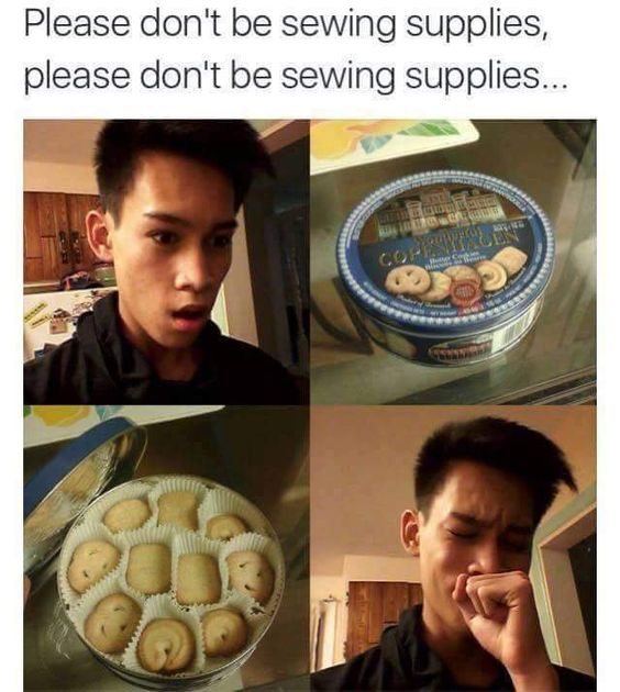 This is a four-panel meme that plays on the widely relatable classic household and internet joke: that iconic round blue tins of Danish butter cookies are almost always repurposed to store sewing supplies instead of holding the original cookies. The top text of the meme reads 'Please don't be sewing supplies, please don't be sewing supplies...', conveying the poster's nervous hope that the tin actually contains cookies. The first panel shows a young man with a nervous, anticipatory expression looking at the tin. The second panel shows the closed iconic blue butter cookie tin. The third panel reveals the opened tin: it does have cookies inside, but the cookies are shaped just like common sewing supplies (buttons, thread spools). The fourth panel shows the man crying in disappointment, twisting the original expectation: even though it is actually cookies, the joke still lands and he is disappointed anyway.