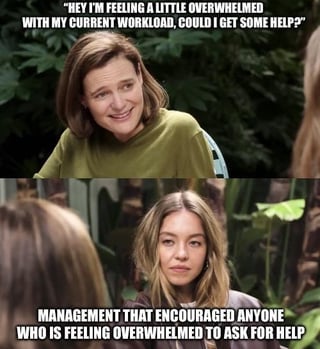 A two-panel meme depicting a workplace scenario. The top panel shows a person with a smiling, hopeful expression saying, "HEY I'M FEELING A LITTLE OVERWHELMED WITH MY CURRENT WORKLOAD, COULD I GET SOME HELP?" The bottom panel shows another person (presumed to be management) with a neutral or unresponsive expression, labeled as "MANAGEMENT THAT ENCOURAGED ANYONE WHO IS FEELING OVERWHELMED TO ASK FOR HELP." The humor arises from the sarcastic contrast between management's stated encouragement to ask for help and their implied lack of actual support.