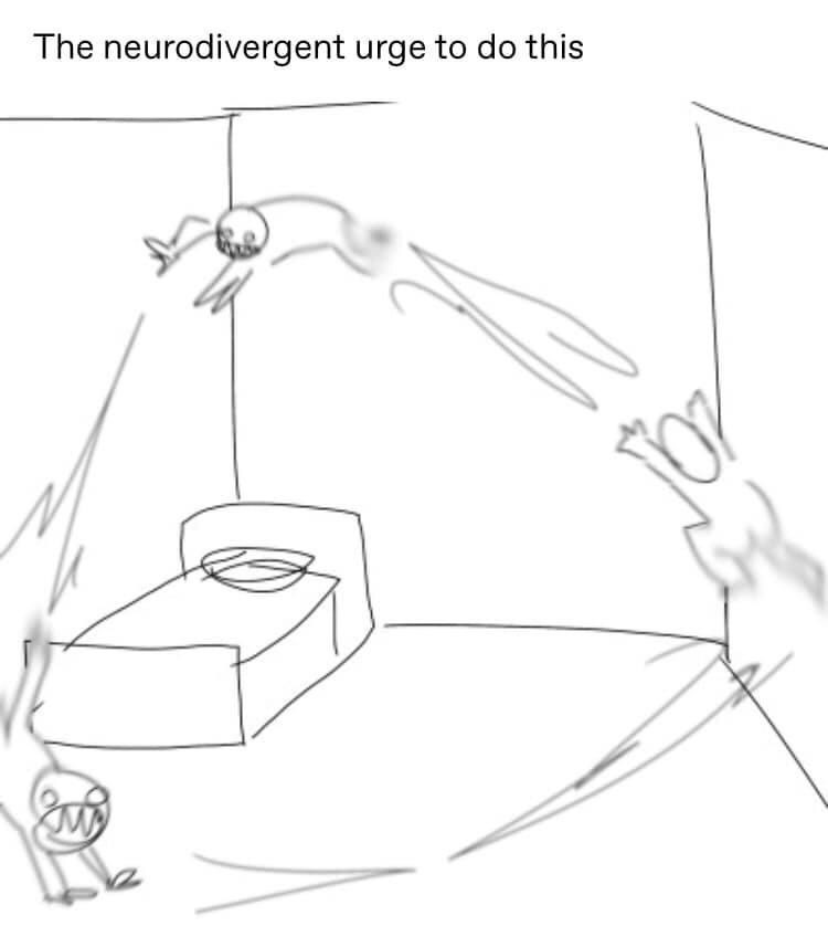 This is a simple monochrome hand-drawn doodle meme. The top of the image carries the text 'The neurodivergent urge to do this'. The drawing depicts a bedroom with a bed, and three motion-blurred stick figures with wide manic grins that show a person impulsively running, jumping, and bouncing off the walls of the room, illustrating the common hyperactive, impulsive urges experienced by many neurodivergent people such as those with ADHD or autism.