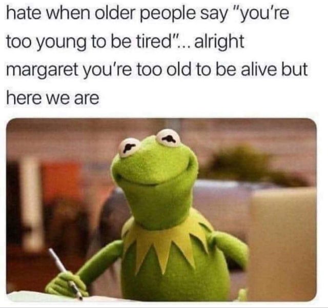 This meme features text at the top expressing frustration with older people who dismiss young people's exhaustion by saying they are "too young to be tired", followed by a petty, sarcastic retort addressing a hypothetical older woman named Margaret saying she is "too old to be alive but here we are". Below the text is an image of Kermit the Frog, the green Muppet character, with a smug, unimpressed, self-satisfied expression holding a pen as if he has just written the sassy response and is unbothered by any potential backlash.