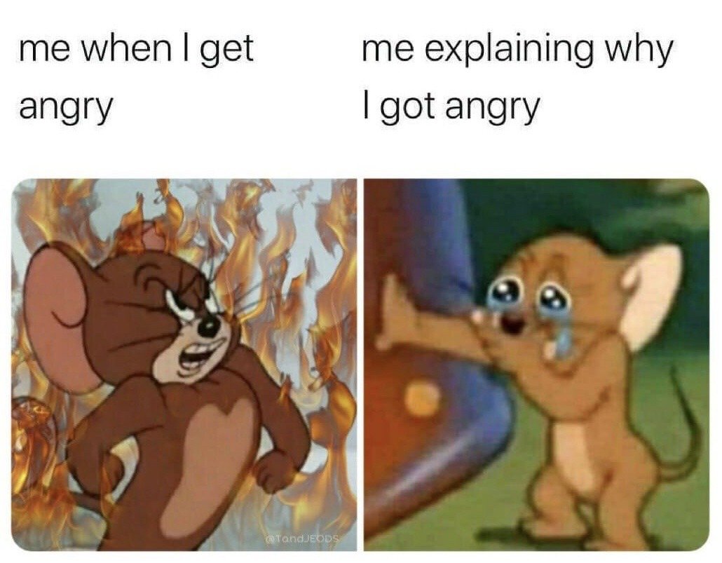 This is a two-panel relatable meme featuring Jerry, the mouse character from the animated series *Tom and Jerry*. The left panel is captioned 'me when I get angry' and shows Jerry with a furious, enraged expression, fists clenched, surrounded by edited fire effects to exaggerate how intensely angry he feels in the moment. The right panel is captioned 'me explaining why I got angry' and shows Jerry crying with large, teary eyes, pointing forward while looking upset and vulnerable, depicting the common experience of feeling intense anger in the moment but becoming emotional and tearful when trying to articulate the reason for the anger later.