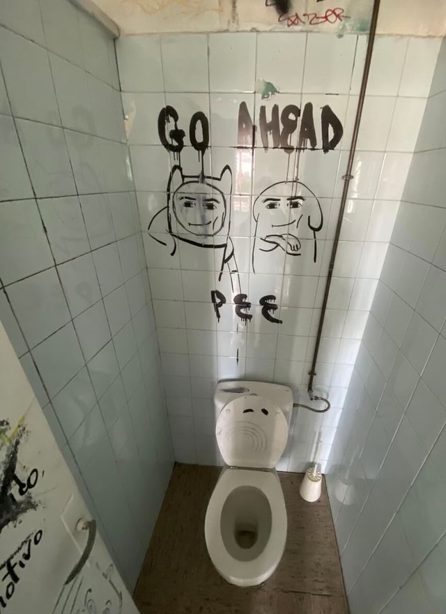 This image is a photograph of a small public toilet stall with pale blue tiled walls. Above a white standard toilet, black spray-painted graffiti is visible on the back wall: the text 'GO AHEAD' is written at the top, with the word 'PEE' written below. Between these two text lines, two crudely drawn smug Wojak-style meme faces are illustrated: one with cat ears waving, the other with a rounded head resting its hand on its chin, both staring directly forward toward the person using the toilet. A simple cartoon face is also drawn on the lifted toilet lid. Additional smaller graffiti tags are present on the upper wall and the stall door to the left, with a toilet brush placed on the floor next to the toilet. The humor comes from the intentionally unsettling effect of the drawn figures appearing to watch and encourage the toilet user, playing on the common awkward feeling of using public restrooms.