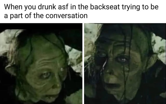 This is a two-panel relatable meme. It uses two sequential stills of the CGI character Gollum from The Lord of the Rings films, shot with a dark, greenish low-light tint that mimics the look of footage taken in the backseat of a dark car. The top text sets up the joke scenario: being extremely drunk while riding in the backseat of a car and trying to follow or participate in a conversation happening among other passengers. The two panels show Gollum looking progressively more dazed, unfocused, and disoriented, perfectly capturing the experience of being too intoxicated to follow what is being said while making an effort to appear engaged.