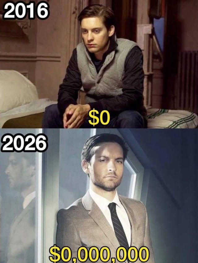 This is a two-panel comparison meme. The top panel is labeled '2016' and shows actor Tobey Maguire as Peter Parker from the Sam Raimi Spider-Man film series, sitting dejectedly on a bed with the text '$0' overlaid to indicate he has no savings or net worth. The bottom panel is labeled '2026' and shows a more mature, weary-looking version of Tobey Maguire dressed in a formal suit, with the text '$0,000,000' overlaid. The core joke of the meme is that despite 10 years passing, the character still has exactly $0 in net worth, only presented with extra unnecessary leading zeros to look more impressive. It conveys the relatable, frustrating experience of financial stagnation and lack of personal progress over long periods of time, matching the original somber humorous tone of the post.