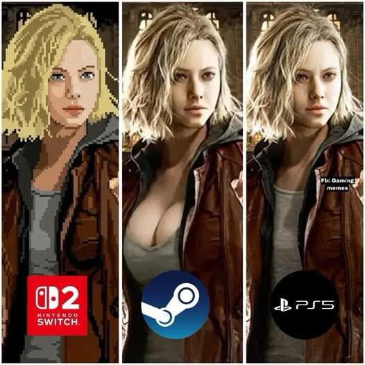 This meme is a three-panel image comparing the depiction of a female Resident Evil character across three gaming platforms: Nintendo Switch 2, Steam (PC), and PlayStation 5. The left panel shows the character in pixelated, simplified art typical of older or less powerful hardware. The middle panel (Steam) edits the character to have a more revealing, low-cut top, playing on the stereotype that PC versions of games sometimes include more fan service or modded content. The right panel (PS5) shows the character in standard, unmodified art. The joke is that the user chose the Steam version specifically for this fan service element, as referenced in the original title: 'Somebody asked why I got Resident Evil Requiem on Steam instead of Xbox or PlayStation.'