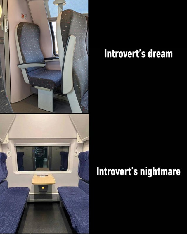 A two-panel comparison meme. The top panel shows an empty train seat with a spacious layout, accompanied by the text 'Introvert's dream,' representing the ideal scenario for introverts seeking solitude. The bottom panel depicts a train compartment with blue seats facing each other and a small table; through the window, a person is visible standing outside, creating an awkward potential for social interaction, labeled 'Introvert's nightmare.' The meme humorously contrasts the introvert's preference for isolation versus the anxiety of unexpected social encounters during travel.