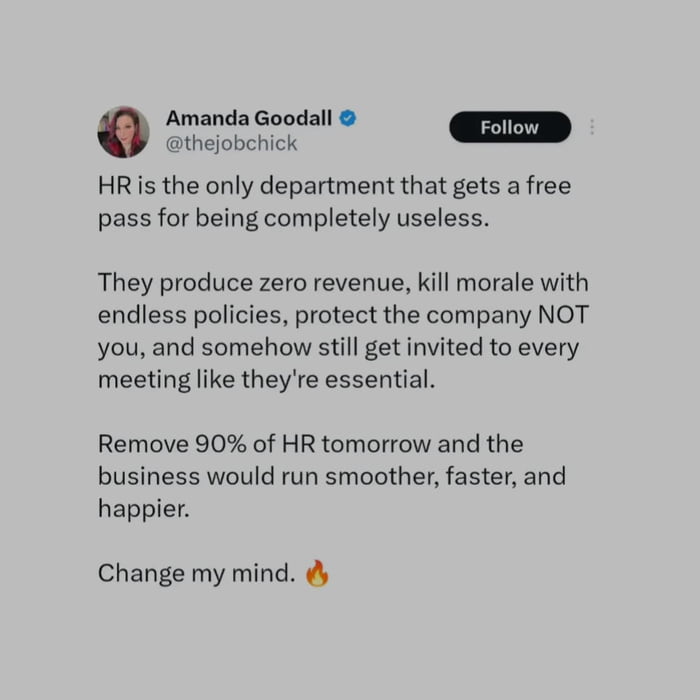 A screenshot of a Twitter/X post by Amanda Goodall (@thejobchick) featuring a critical and humorous take on HR departments. The post argues that HR is the only department 'that gets a free pass for being completely useless,' citing reasons such as producing zero revenue, killing morale with endless policies, protecting the company over employees, and being unnecessarily included in every meeting. It concludes with 'Remove 90% of HR tomorrow and the business would run smoother, faster, and happier. Change my mind.' followed by a fire emoji. The tweet is displayed with the user's profile picture, username, and a 'Follow' button.