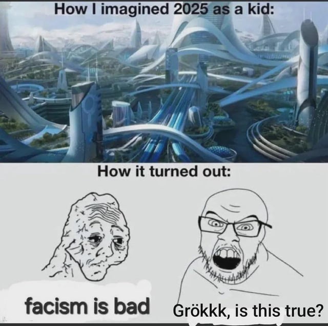 This two-panel expectation vs reality meme contrasts childhood visions of 2025 with the current state of online discourse. The top panel features a sleek, utopian sci-fi cityscape with curved skyscrapers, elevated high-speed transit, and a bright, advanced environment, captioned *How I imagined 2025 as a kid:*—capturing the optimistic, futuristic hopes many children held for the year. The bottom panel subverts this with two iconic Wojak-style meme characters: on the left, a weathered, exhausted Doomer Wojak paired with the text *facism is bad* (noting the typo of 'fascism' as 'facism', common in online spaces), and on the right, an angry, screaming Grokk Wojak (a character linked to reactionary online communities) yelling *Grökkk, is this true?*. The meme satirizes the gap between idealized futuristic expectations and the divisive, frustrating culture war discourse defining 2025's online landscape. The right character's question is a sarcastic, aggressive reaction to the left's statement, playing into typical online argument dynamics.