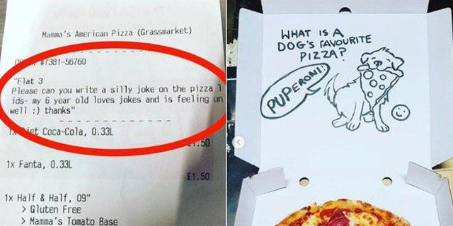 The image is a two-panel collage. Left panel: A pizza order receipt from Mamma's American Pizza (Grassmarket) with a customer's special request circled: *"Flat 3
Please can you write a silly joke on the pizza box - my 6 year old loves jokes and is feeling unwell :) thanks"*. Right panel: The pizza box lid with a hand-drawn cartoon dog holding a slice of pizza, with the joke: **"WHAT IS A DOG'S FAVOURITE PIZZA?
PUPERONI!"** (a pun on "pepperoni" replacing "pep" with "pup" for a dog-themed joke). The pizza itself is visible at the bottom of the right panel, with pepperoni on it. This is a wholesome interaction where a pizza shop fulfilled a customer's request to cheer up a sick child with a silly, kid-friendly pun joke.