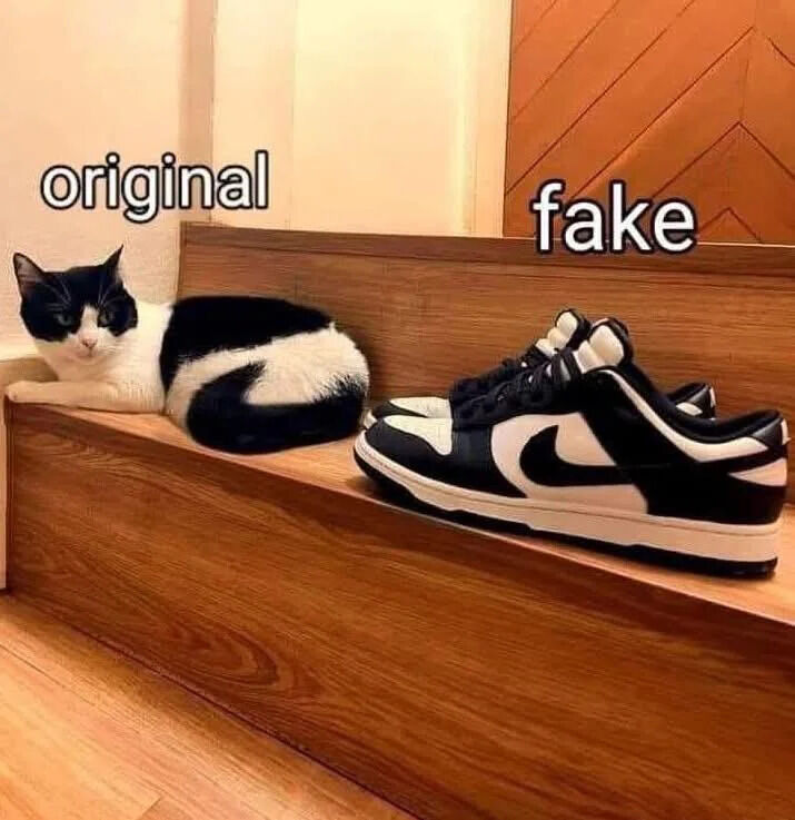 The image depicts a black and white cat lying on a wooden shelf, positioned to the left of a black and white Nike Dunk sneaker. Above the cat, the word 'original' is displayed in bold white text with a black outline, while above the sneaker, the word 'fake' appears in the same font and style. The cat's fur pattern—black on its back, head, and tail with white on its belly, chest, and paws—closely mirrors the sneaker's design, which features a black upper, white Nike swoosh, and white midsole. This intentional visual parallel creates a playful joke that humorously suggests the cat is the 'original' version of the sneaker's color scheme, while the shoe is labeled 'fake' by comparison. The setting includes light wooden flooring and a partial view of a wooden wall panel with a chevron pattern in the background, emphasizing a domestic, casual environment.