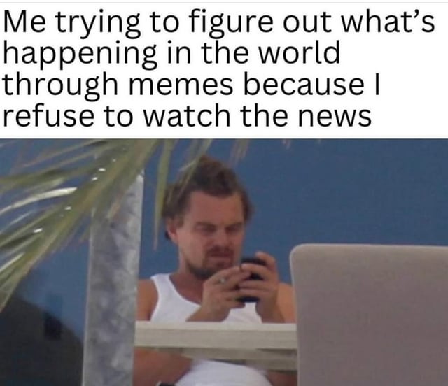 This is a single-panel reaction meme. At the top of the image, black text on a white background reads 'Me trying to figure out what's happening in the world through memes because I refuse to watch the news'. Below the text is a widely used candid photograph of actor Leonardo DiCaprio sitting at an outdoor table next to a palm tree, squinting intently down at a mobile phone he is holding with both hands, while an open laptop sits on the table in front of him. The joke is relatable to many internet users who avoid traditional mainstream news sources and instead learn about current events primarily via memes posted on social media, playfully mocking the casual, often partial understanding of world events that this method of news consumption produces.