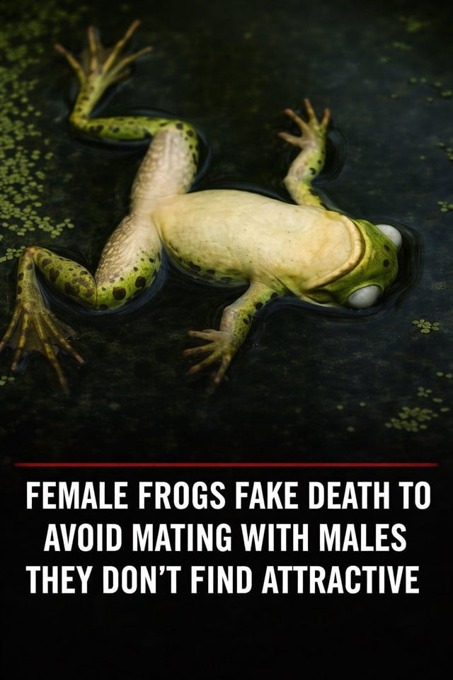 The image shows a frog floating belly-up in dark pond water, appearing dead. Below the frog is large white text stating a real scientific observation: 'FEMALE FROGS FAKE DEATH TO AVOID MATING WITH MALES THEY DON’T FIND ATTRACTIVE'. This meme plays on the common dating phrase 'the worst she can say is no', with the joke that for female frogs, rejection of unwanted suitors is far more extreme than just a verbal no.