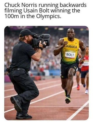A meme image featuring a photograph of Usain Bolt sprinting during the 100m Olympics, wearing a yellow and green 'JAMAICA' jersey with the number 801. To his left, a man (implied to be Chuck Norris via the top text) is running backwards while holding a video camera, appearing to film Bolt. The top text reads: 'Chuck Norris running backwards filming Usain Bolt winning the 100m in the Olympics.' The humor relies on the internet meme trope of Chuck Norris having superhuman abilities, exaggerating that he can run backwards fast enough to film the world's fastest man sprinting forward.