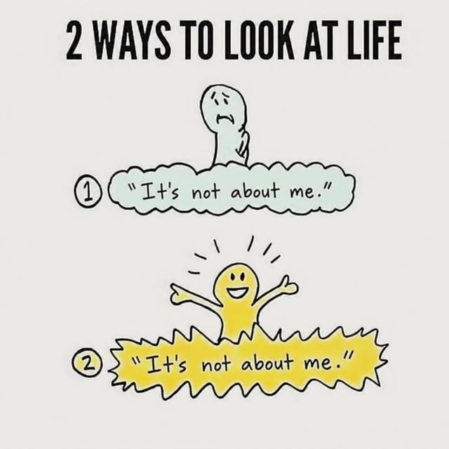 This hand-drawn meme displays two contrasting interpretations of the same phrase 'It's not about me' under the header '2 WAYS TO LOOK AT LIFE'. The first depiction shows a sad, pale, dejected stick figure above a soft cloud bubble with the phrase, representing a self-absorbed, narcissistic mindset where the person interprets the phrase to mean they are unimportant, overlooked, or their feelings are being dismissed, leading to unhappiness. The second depiction shows a happy, bright yellow, glowing stick figure with outstretched arms above a spiky, energetic bubble with the exact same phrase, representing a healthy, non-narcissistic mindset where the person understands that not every situation revolves around them, which removes unnecessary pressure, stops them from taking events personally, and leads to greater happiness and peace. The core point of the meme is highlighting how the same neutral statement can lead to completely opposite outcomes based on how self-centered a person's worldview is, tying back to the original title asking if the first interpretation is a sign of narcissism.