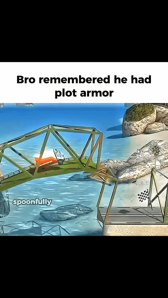 A meme image depicting a 3D-rendered or game-like scene of an orange car mid-jump over a broken section of a green metal bridge spanning water. The bridge appears structurally compromised, with the car launching from the remaining intact portion toward the other side, which features a checkered flag at the end (indicating a finish line). The top text overlay reads 'Bro remembered he had plot armor,' humorously referencing the narrative trope where a character survives dangerous situations due to story necessity. A watermark 'spoonfully' is visible at the bottom left corner.