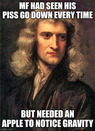 A meme featuring a historical portrait of Sir Isaac Newton, a prominent physicist known for discovering gravity. The image has two lines of text: the top text reads 'MF HAD SEEN HIS PISS GO DOWN EVERY TIME' and the bottom text reads 'BUT NEEDED AN APPLE TO NOTICE GRAVITY'. The joke humorously contrasts the everyday observation of urine falling (due to gravity) with the popular story of Newton discovering gravity after an apple fell on his head, implying he should have noticed gravity sooner from mundane experiences.