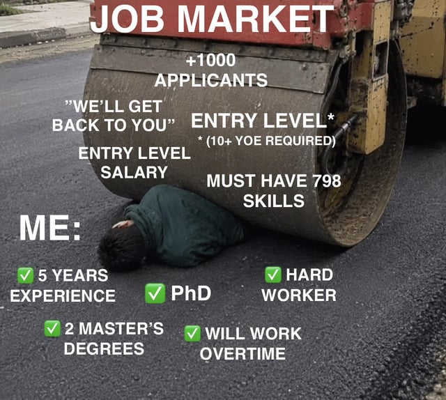 This meme satirizes the unreasonable expectations of the modern job market for entry-level positions. A heavy road roller labeled 'JOB MARKET' is shown crushing a person identified as 'ME', who already holds extensive qualifications including 5 years of work experience, a PhD, 2 master's degrees, is a hard worker, and is willing to work overtime. The road roller is marked with the unfair realities of entry-level job postings: over 1000 competing applicants, generic 'we'll get back to you' responses from recruiters, low entry-level salary, a hidden requirement of 10+ years of experience for positions advertised as entry-level, and a demand for 798 different skills. The joke highlights the relatable frustration of job seekers who are overqualified for roles that are incorrectly marketed as entry-level.
