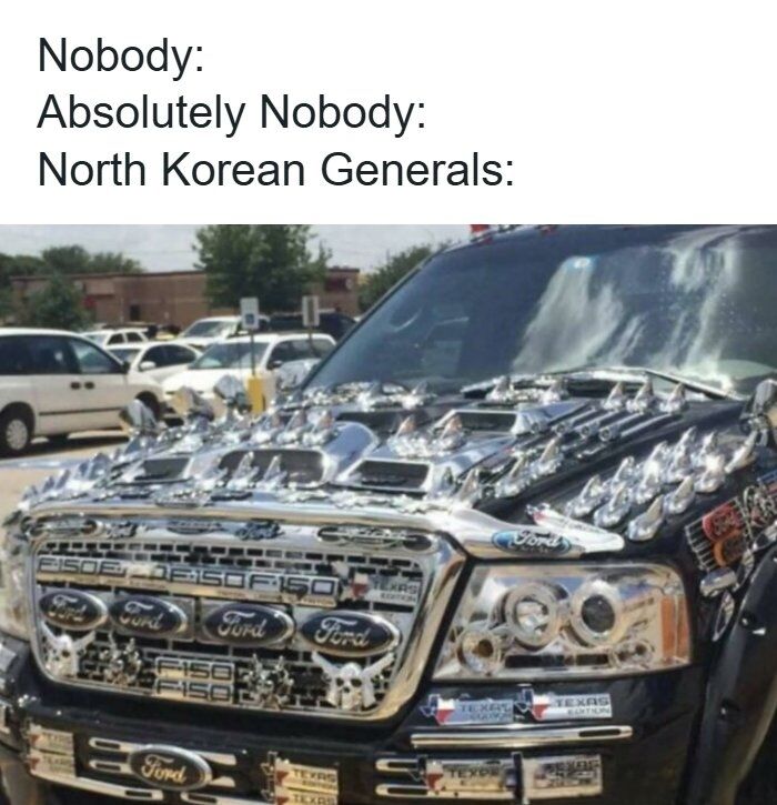 This meme uses the widely popular 'Nobody / Absolutely Nobody' satirical format. The opening text establishes that no individual requested or encouraged an overly decorated item, before cutting to an image of a heavily customized black Ford F-150 pickup truck. The front of the truck is covered in dozens of redundant Ford brand badges, F-150 model badges, Texas license plate badges, extra chrome hood ornaments, and additional aftermarket headlights, giving it an absurdly over-accessorized look. The joke draws a parallel between the excessive duplicate insignia on the truck and the common satirical observation that North Korean military generals are often photographed wearing an extremely large number of medals and decorations pinned to their uniforms.