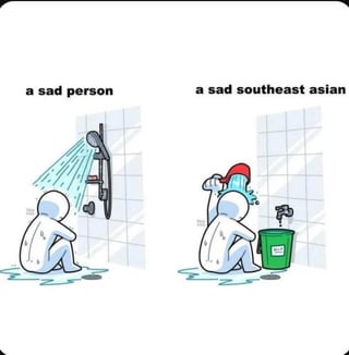 A two-panel meme comparing a 'sad person' and a 'sad southeast asian' in a shower setting. The left panel shows a stick figure sitting under a shower with water flowing, labeled 'a sad person'. The right panel shows another stick figure sitting, holding a red bucket over their head with water pouring out, next to a green trash can, labeled 'a sad southeast asian'. The humor likely stems from a cultural reference where Southeast Asians might use a bucket instead of a shower, highlighting a relatable, light-hearted cultural difference in everyday life when sad.