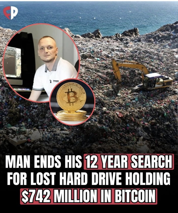 This meme references the viral real-life story of a man who lost an extremely valuable Bitcoin storage hard drive. The background displays a large coastal landfill site with a yellow excavator digging through piles of garbage. Two circular inset images are placed on the left: one is a portrait of James Howells, the man who lost the hard drive, sitting at a desk in front of a computer, and the other is a photo of a stack of gold-colored Bitcoin coins. Bold white text with a red border at the bottom reads 'MAN ENDS HIS 12 YEAR SEARCH FOR LOST HARD DRIVE HOLDING $742 MILLION IN BITCOIN'. The original 9Gag title 'How not to sleep at night' refers to the fact that the regret from this costly, avoidable mistake is the kind of thought that would keep people awake at night.