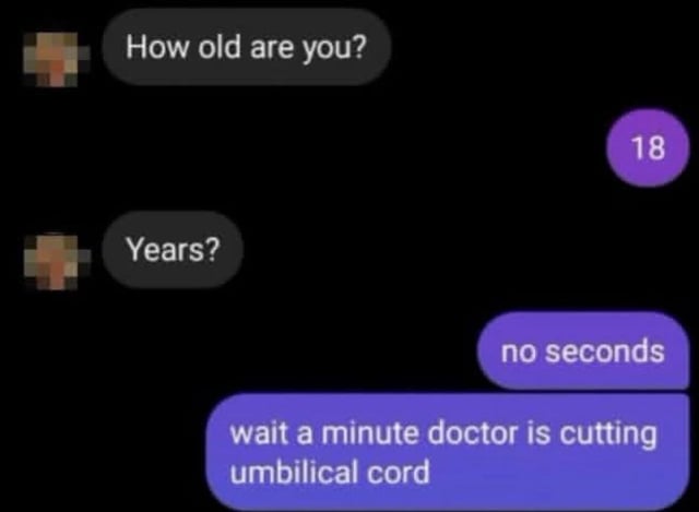 The image is a screenshot of a chat conversation between two anonymous users (indicated by blurred profile pictures). The first user asks, 'How old are you?' The second user responds with '18'. The first user follows up with 'Years?', to which the second user clarifies, 'no seconds'. The punchline comes when the second user adds, 'wait a minute doctor is cutting umbilical cord,' revealing the humor: the '18 seconds' refers to the age of a newborn baby whose umbilical cord is being cut, making them only 18 seconds old. The chat uses a play on the concept of age measurement (seconds vs. years) to create a silly, unexpected joke.