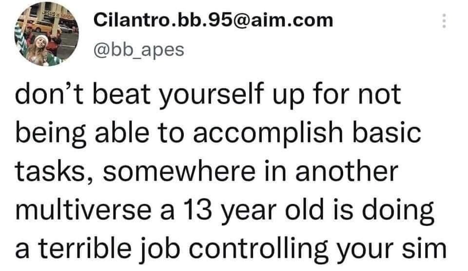 This image is a screenshot of a public text post from the social media platform X (formerly Twitter). The post jokes that people should not feel bad about struggling to complete basic daily tasks, as their poor performance could be explained by an unskilled 13-year-old player controlling their life as a character in The Sims life simulation video game in an alternate multiverse. The post includes the poster's profile picture of a smiling young woman posing in an urban street, their display name, and their @ handle @bb_apes. The joke leans into popular online references to the multiverse concept and the Sims game franchise to create a relatable, humorous excuse for low productivity.