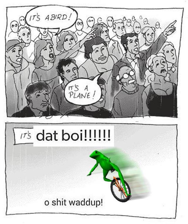 The meme consists of two panels. The top panel depicts a crowd of people pointing upwards with惊讶 (surprised) expressions. Two speech bubbles in the crowd read: 'IT'S A BIRD!' and 'IT'S A PLANE!', referencing the classic Superman introduction. The bottom panel shows a green frog (known as 'Dat Boi') riding a unicycle with motion blur, indicating speed. Above the frog is the text 'IT'S dat boi!!!!!!' and below is 'o shit waddup!', which are iconic phrases associated with the Dat Boi meme. The humor lies in subverting the traditional 'it's a bird, it's a plane, it's Superman' trope by replacing Superman with the meme character Dat Boi.