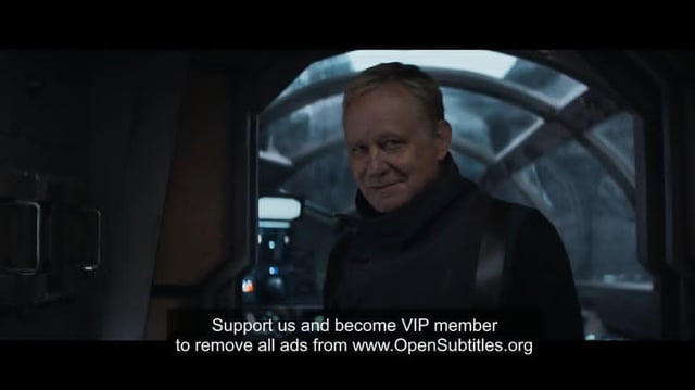 A screenshot from the Disney+ TV series 'Andor' featuring the character Luthen Rael (portrayed by Stellan Skarsgård) standing in a dimly lit, industrial spaceship interior. The original scene's subtitles have been digitally altered to display a promotional message: 'Support us and become VIP member to remove all ads from www.OpenSubtitles.org'. The meme humorously contrasts the character's serious, intense demeanor with the lighthearted, commercial nature of the subtitle.